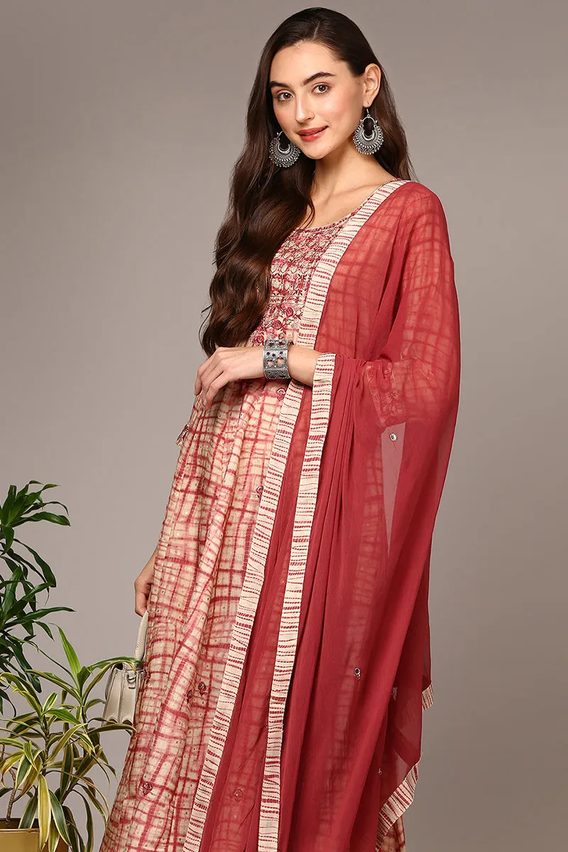 Beige Silk Blend Abstract Printed Flared Suit Set