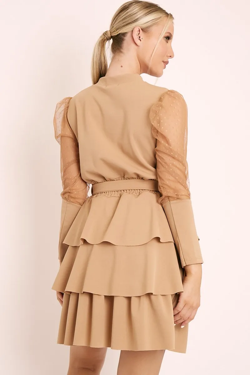 Beige Tiered Skirt Belted Dress - Cassia