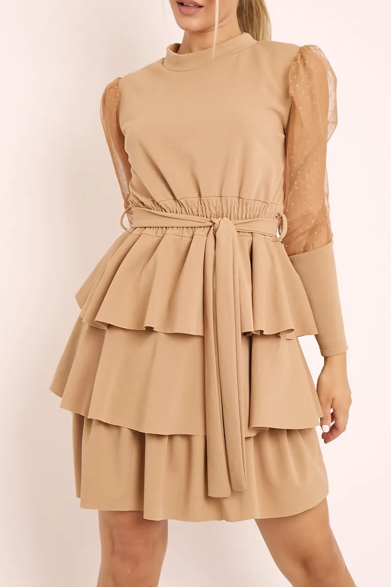 Beige Tiered Skirt Belted Dress - Cassia