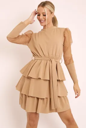 Beige Tiered Skirt Belted Dress - Cassia