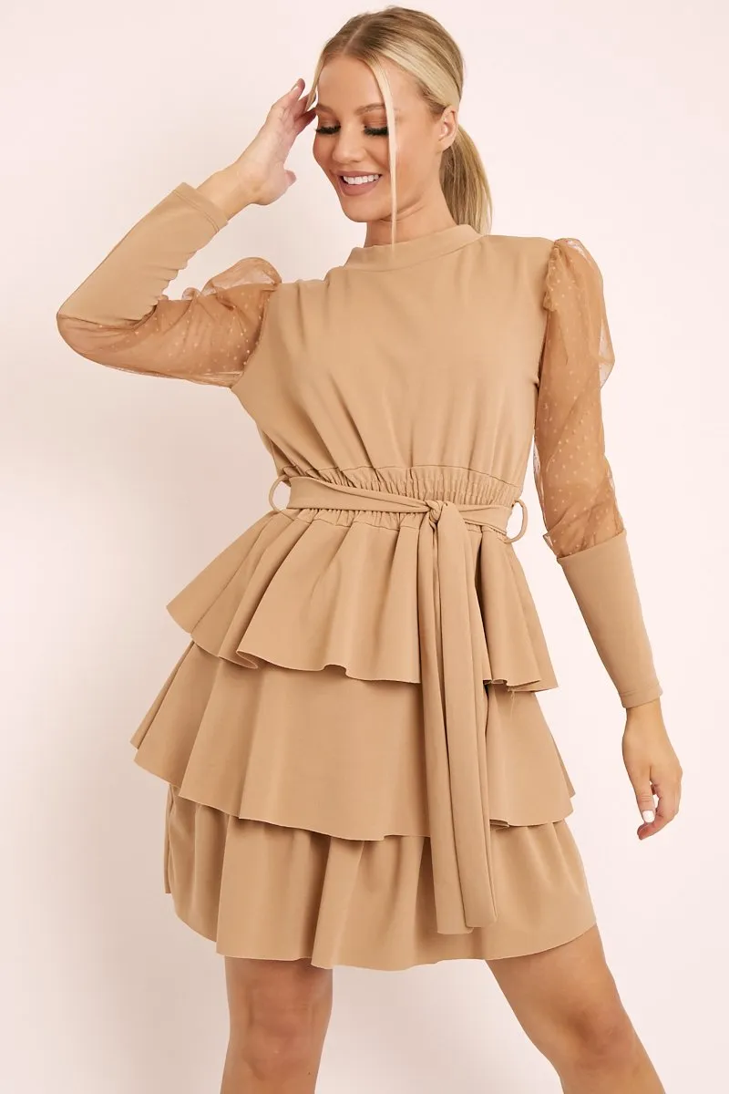 Beige Tiered Skirt Belted Dress - Cassia