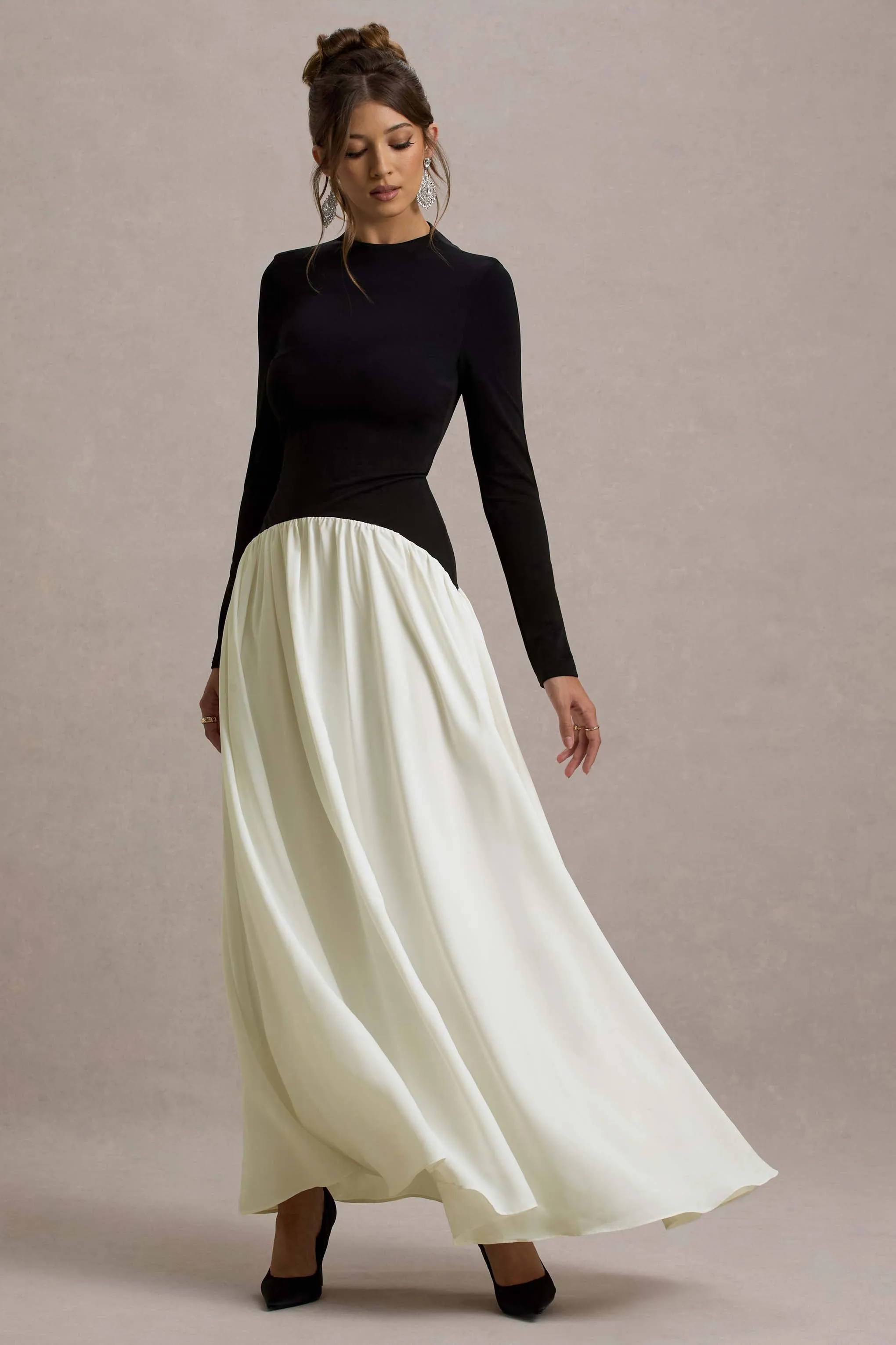 Benedetta | Black & Cream Long-Sleeve Drop-Waist Maxi Dress