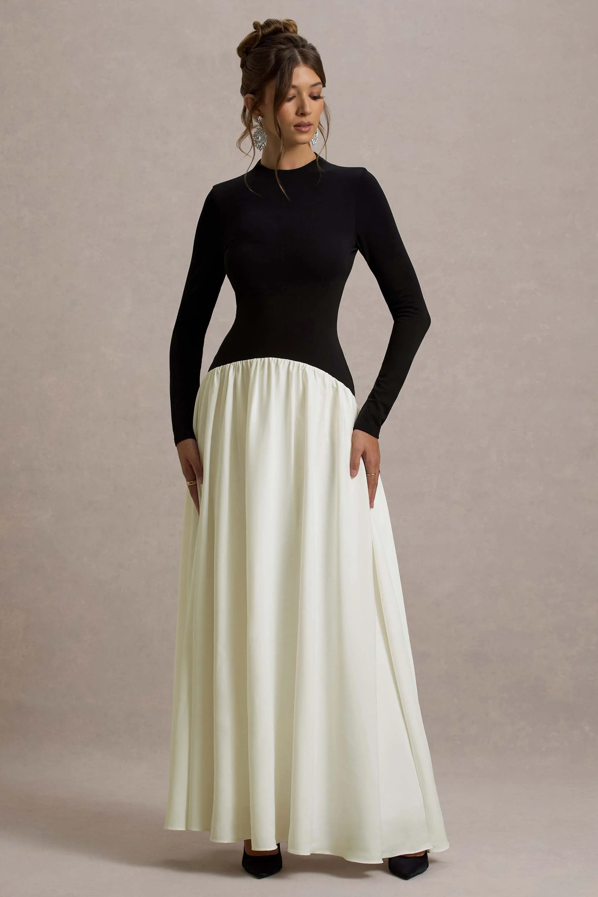 Benedetta | Black & Cream Long-Sleeve Drop-Waist Maxi Dress