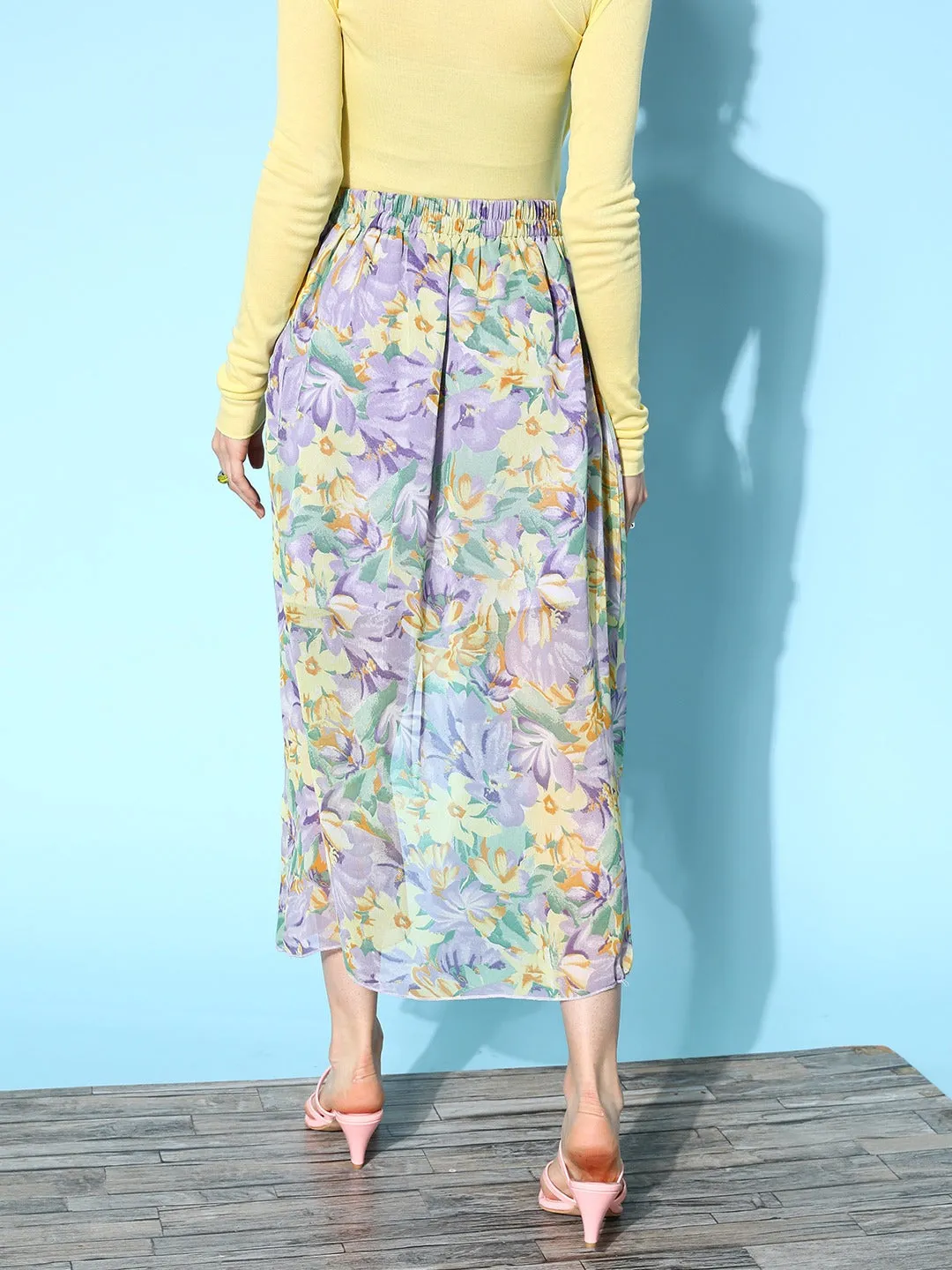 Berrylush Women Purple & Yellow Floral Printed Georgette Partially Elastic Slip-On Waist Tulip Hem Layered Midi Skirt