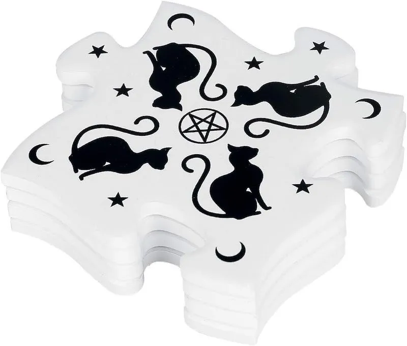 Black & White Cat Ceramic 4 Piece Jigsaw Puzzle Coaster Set Trivet