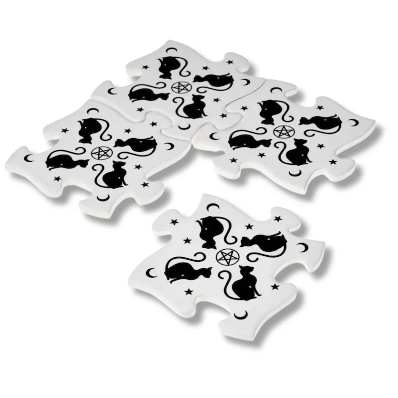 Black & White Cat Ceramic 4 Piece Jigsaw Puzzle Coaster Set Trivet