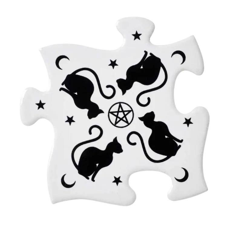 Black & White Cat Ceramic 4 Piece Jigsaw Puzzle Coaster Set Trivet