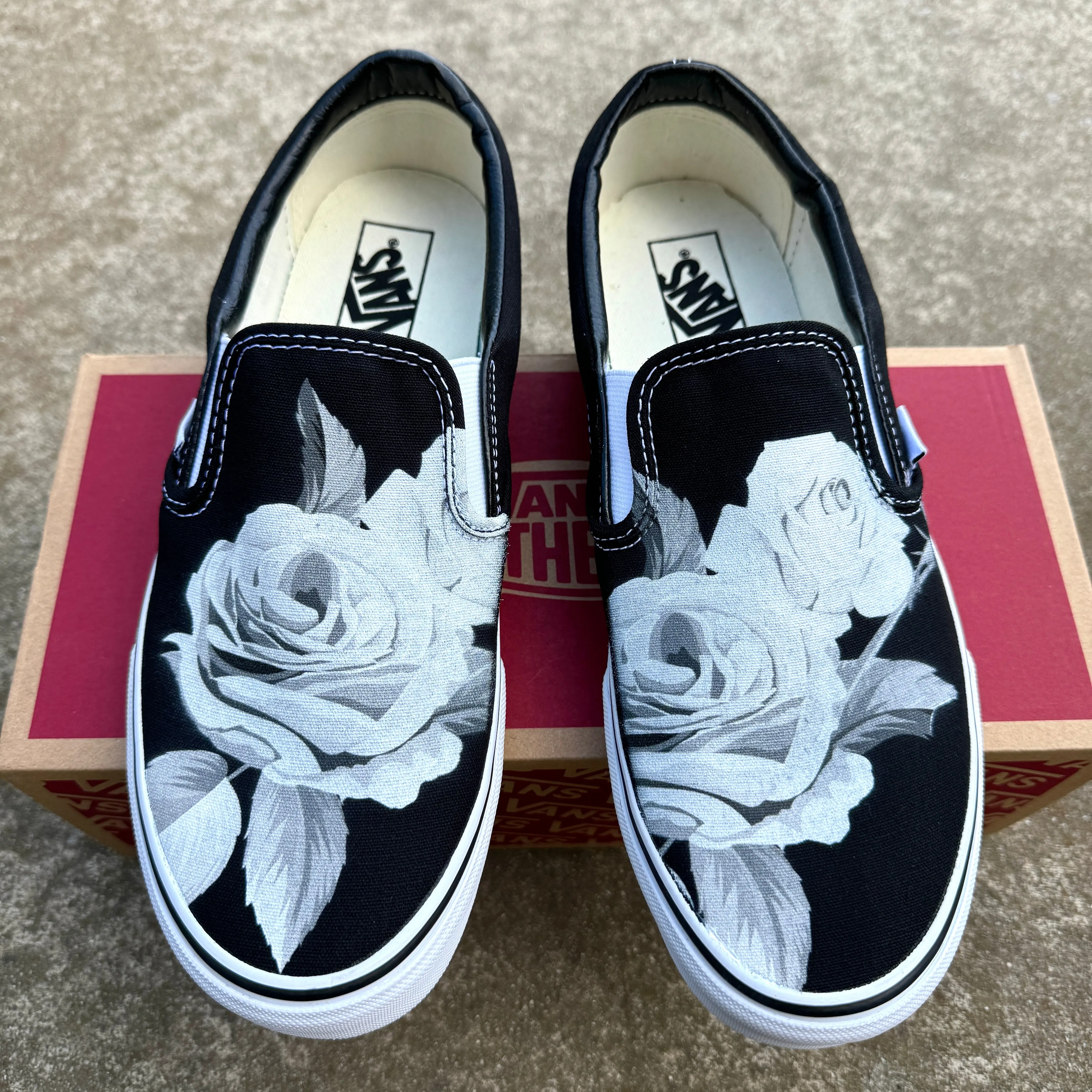 Black and White Rose on Custom Black Slip On Vans Shoes for Women and Men