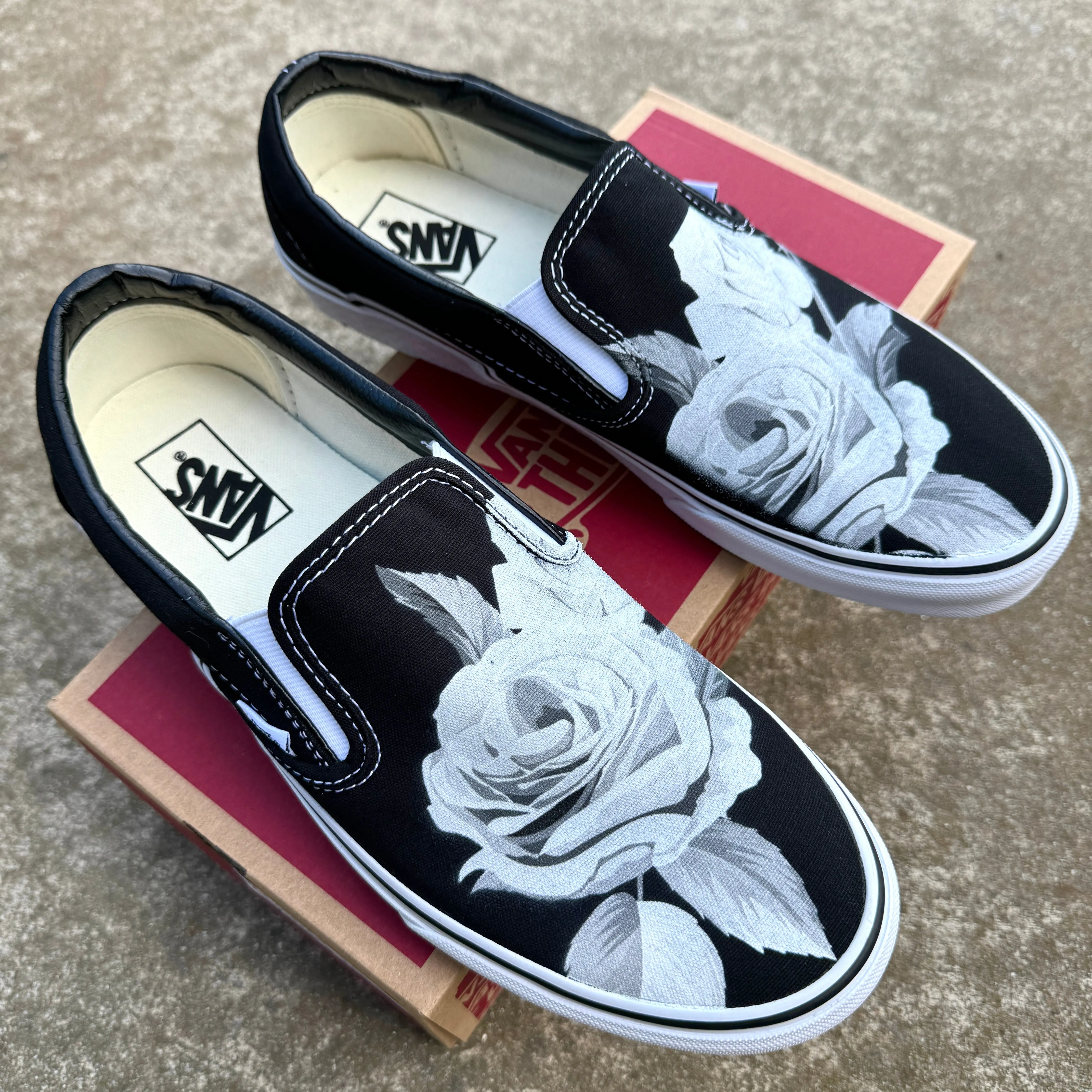 Black and White Rose on Custom Black Slip On Vans Shoes for Women and Men