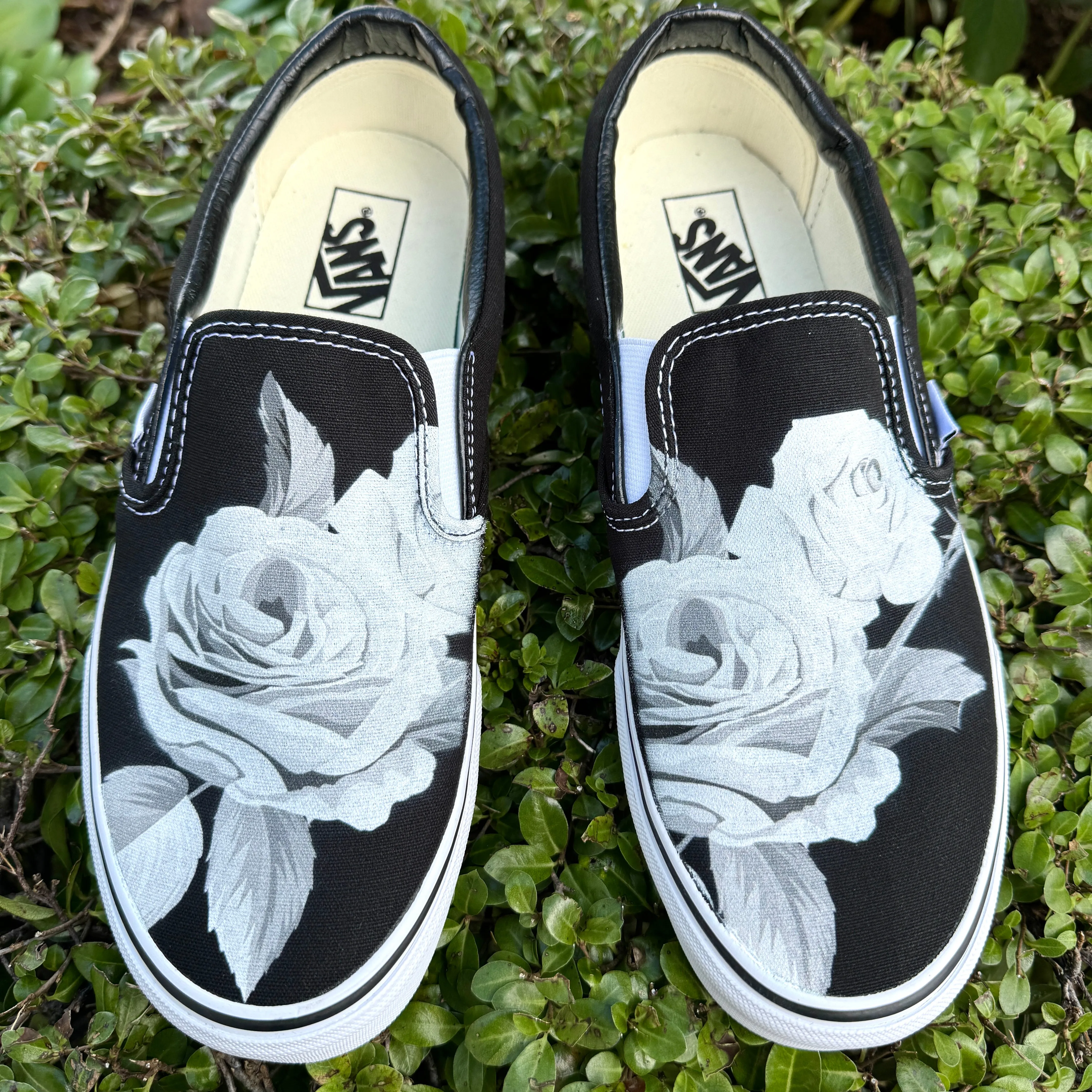 Black and White Rose on Custom Black Slip On Vans Shoes for Women and Men