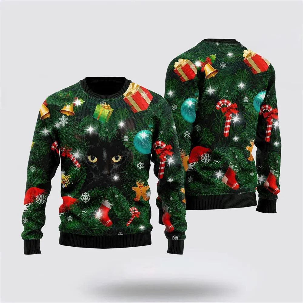 Black Cat Inside Tree Ugly Christmas Sweater For Men And Women, Best Gift For Christmas, Christmas Fashion Winter