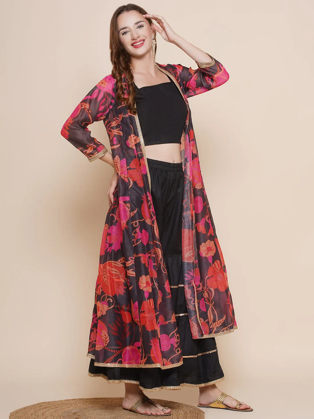 Black Floral printed Jacket, Camisole with Sharara