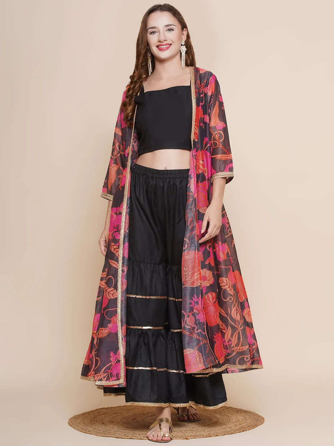 Black Floral printed Jacket, Camisole with Sharara