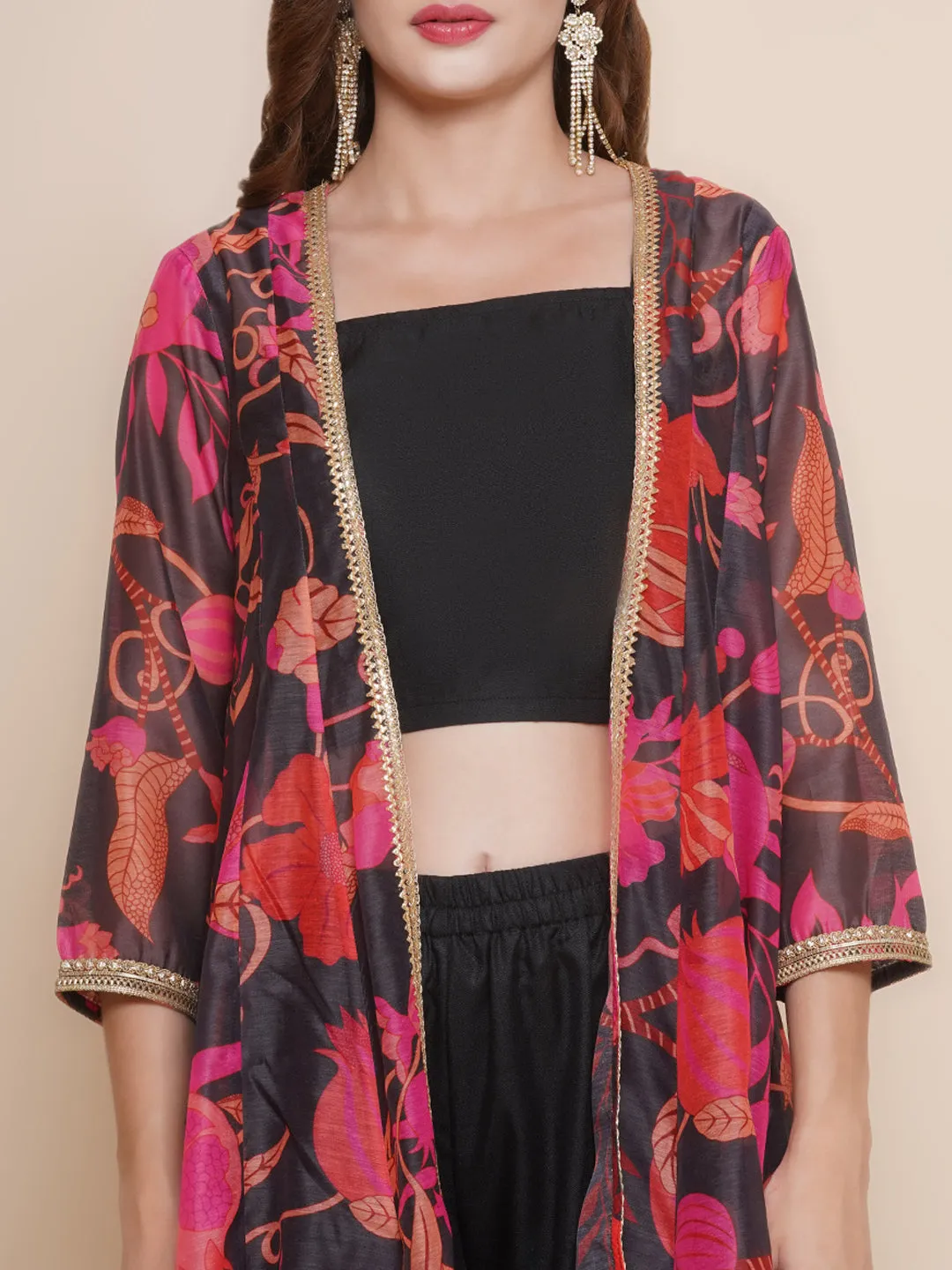 Black Floral printed Jacket, Camisole with Sharara