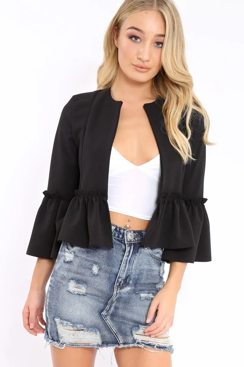 Black Frill Bell Sleeve Blazer - Zarra