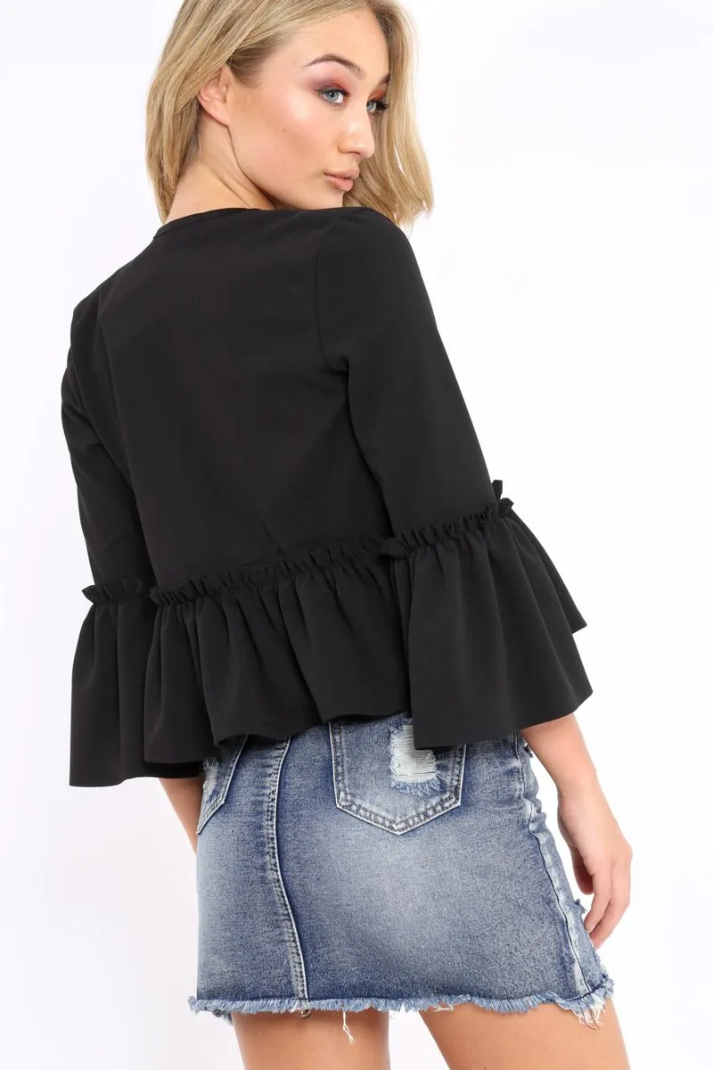 Black Frill Bell Sleeve Blazer - Zarra