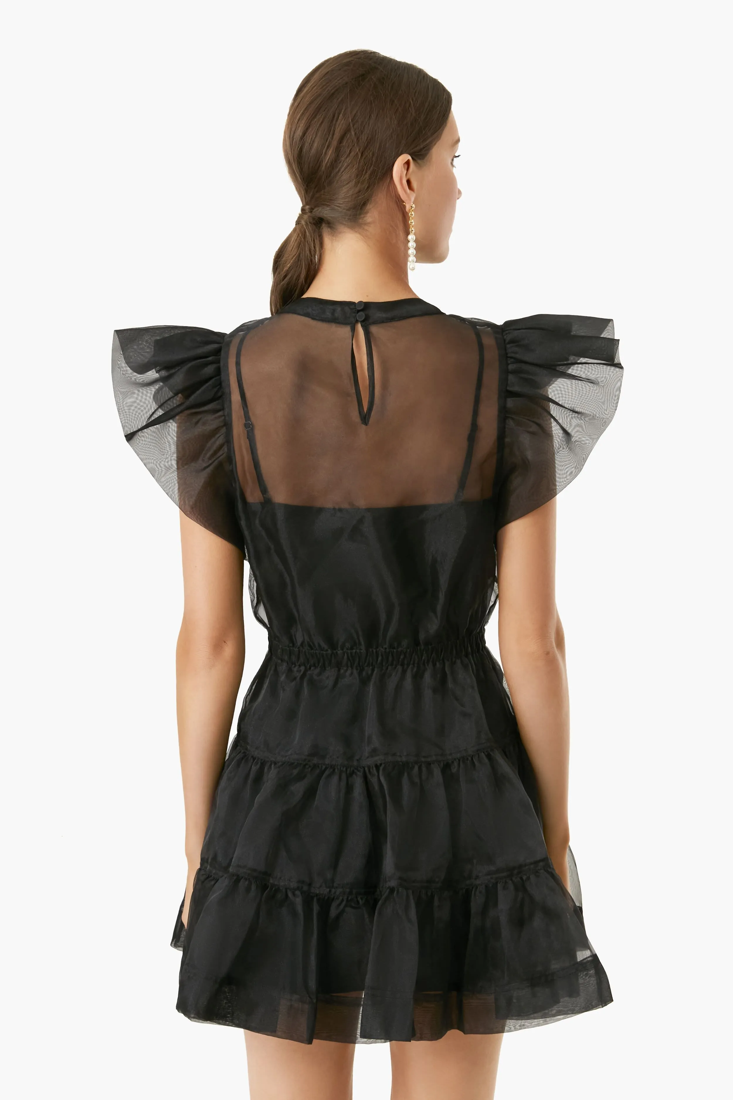 Black Monique Organza Ruffle Sleeve Mini Dress