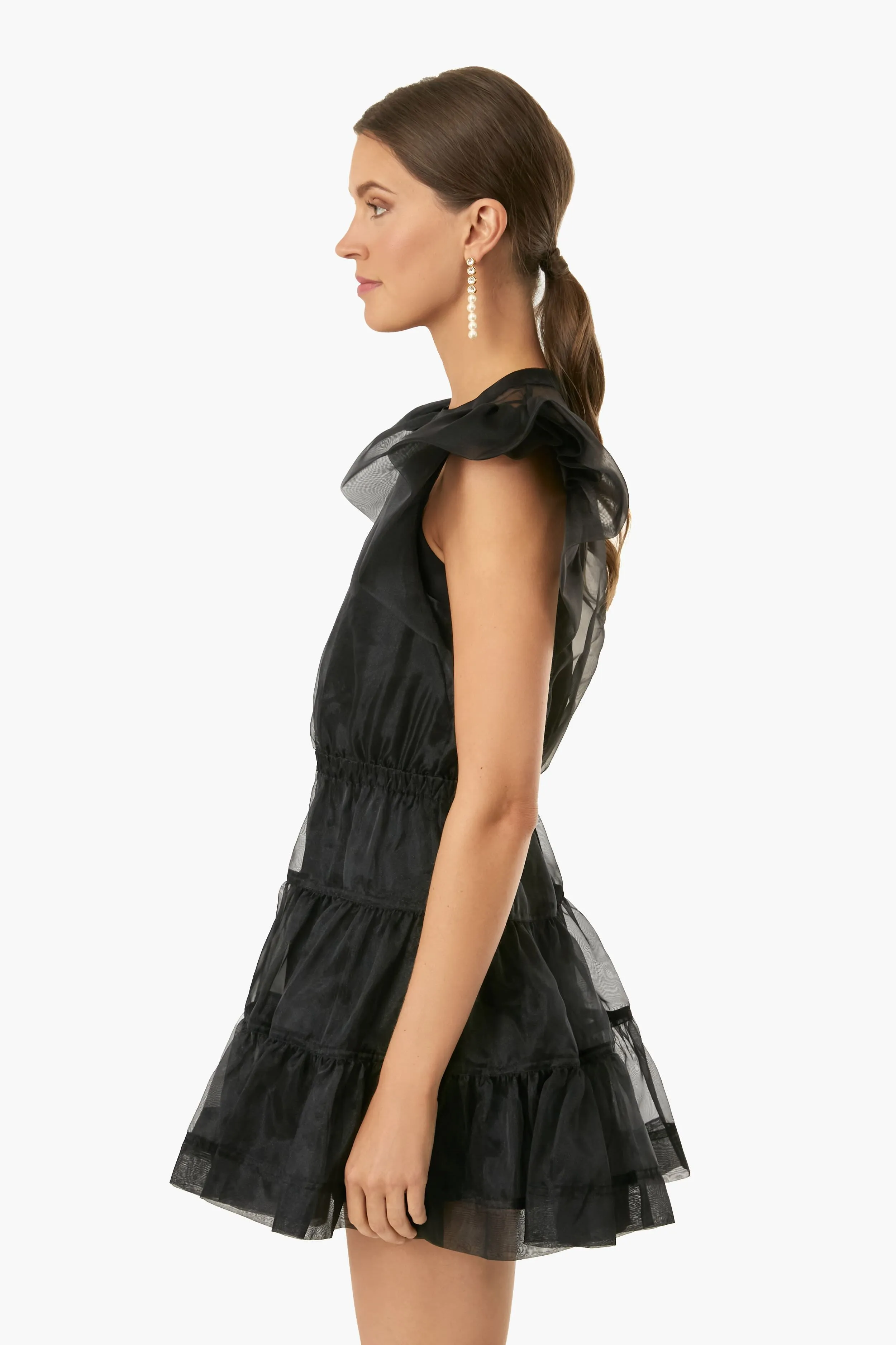 Black Monique Organza Ruffle Sleeve Mini Dress