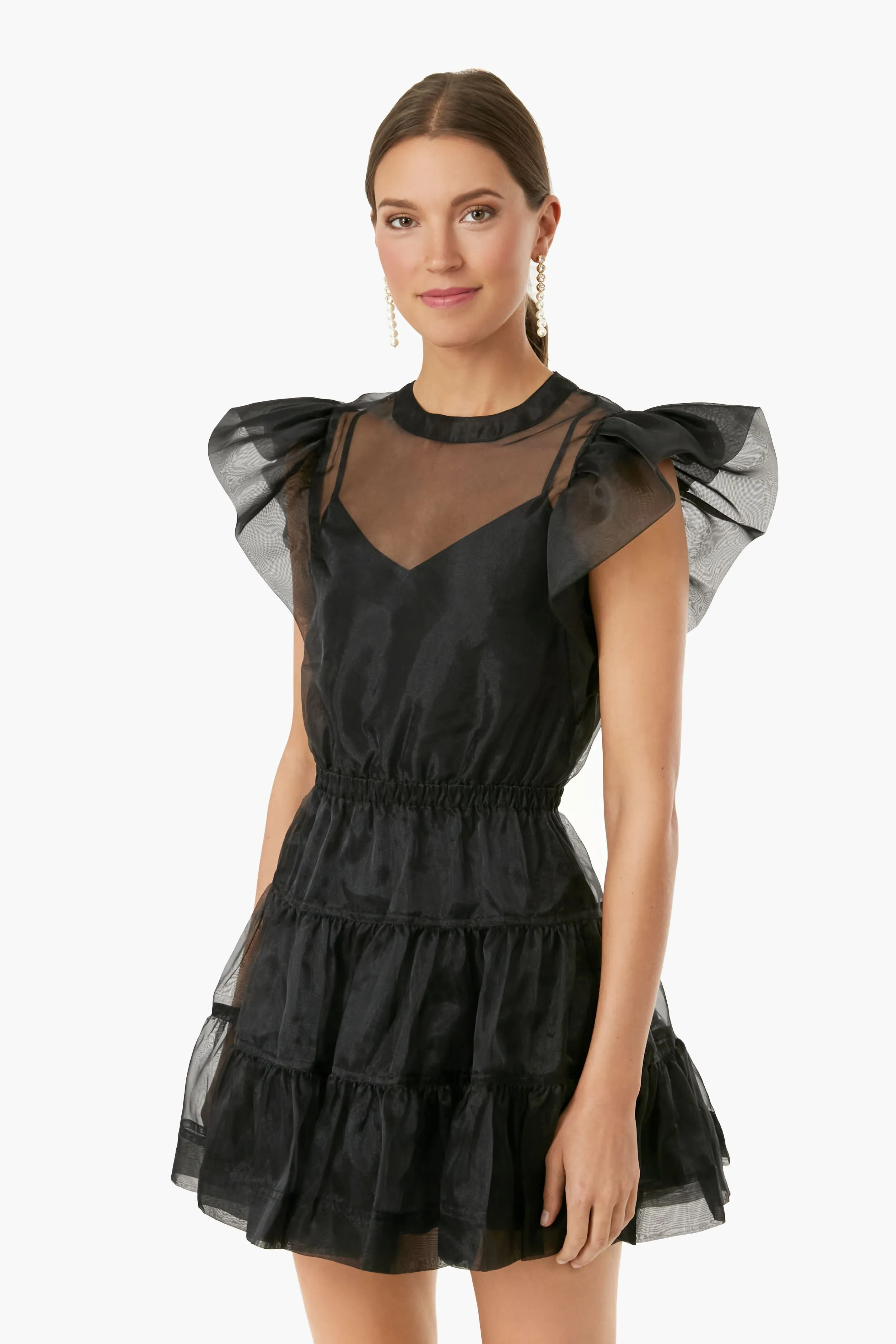 Black Monique Organza Ruffle Sleeve Mini Dress