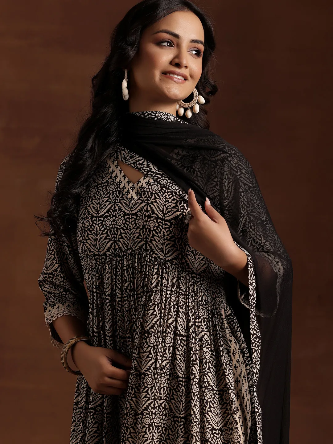 Black Printed Cotton A-Line Kurta With Sharara & Dupatta