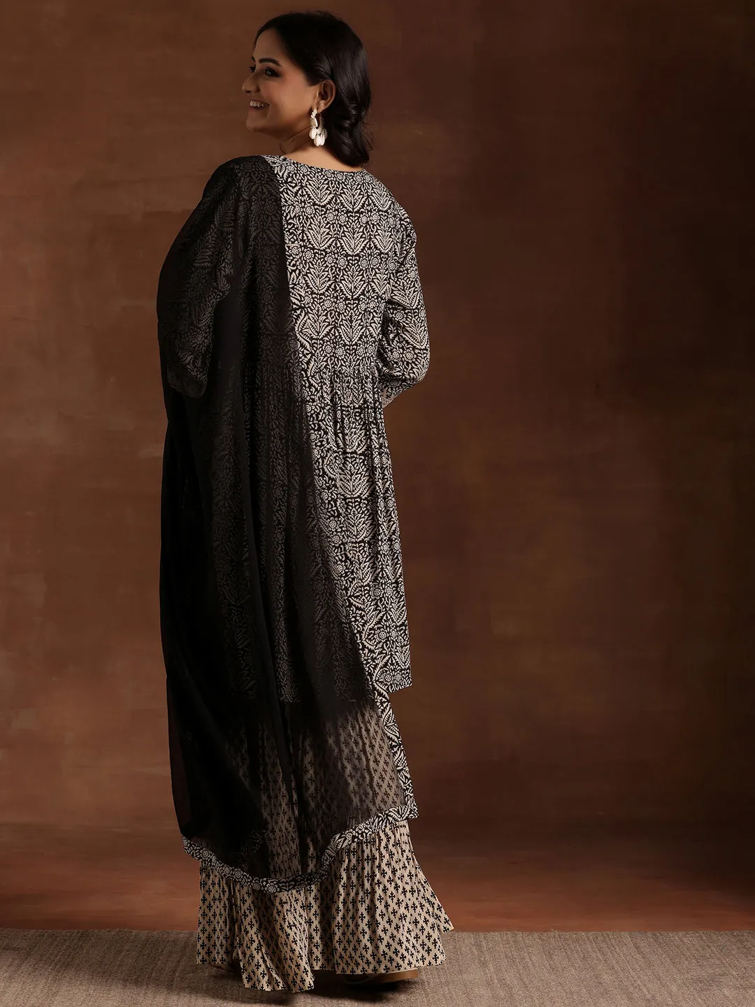 Black Printed Cotton A-Line Kurta With Sharara & Dupatta