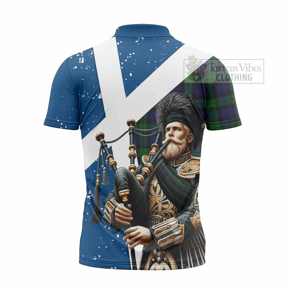 Black Watch Tartan Zipper Polo Shirt with Family Crest Scottish Bagpiper Vibes