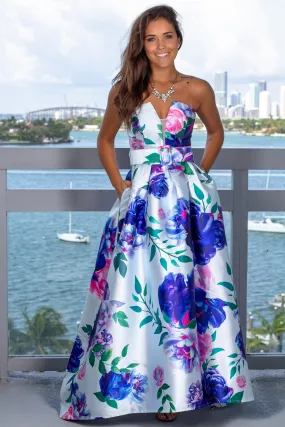 Blue Floral Strapless Maxi Dress with Belt