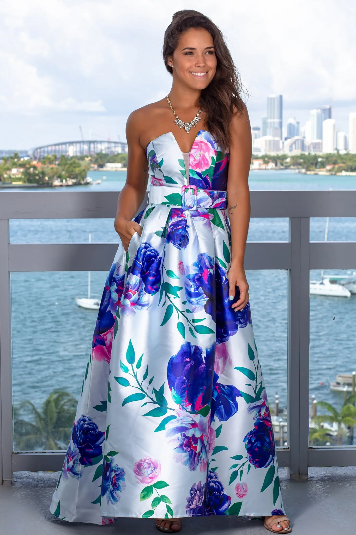 Blue Floral Strapless Maxi Dress with Belt