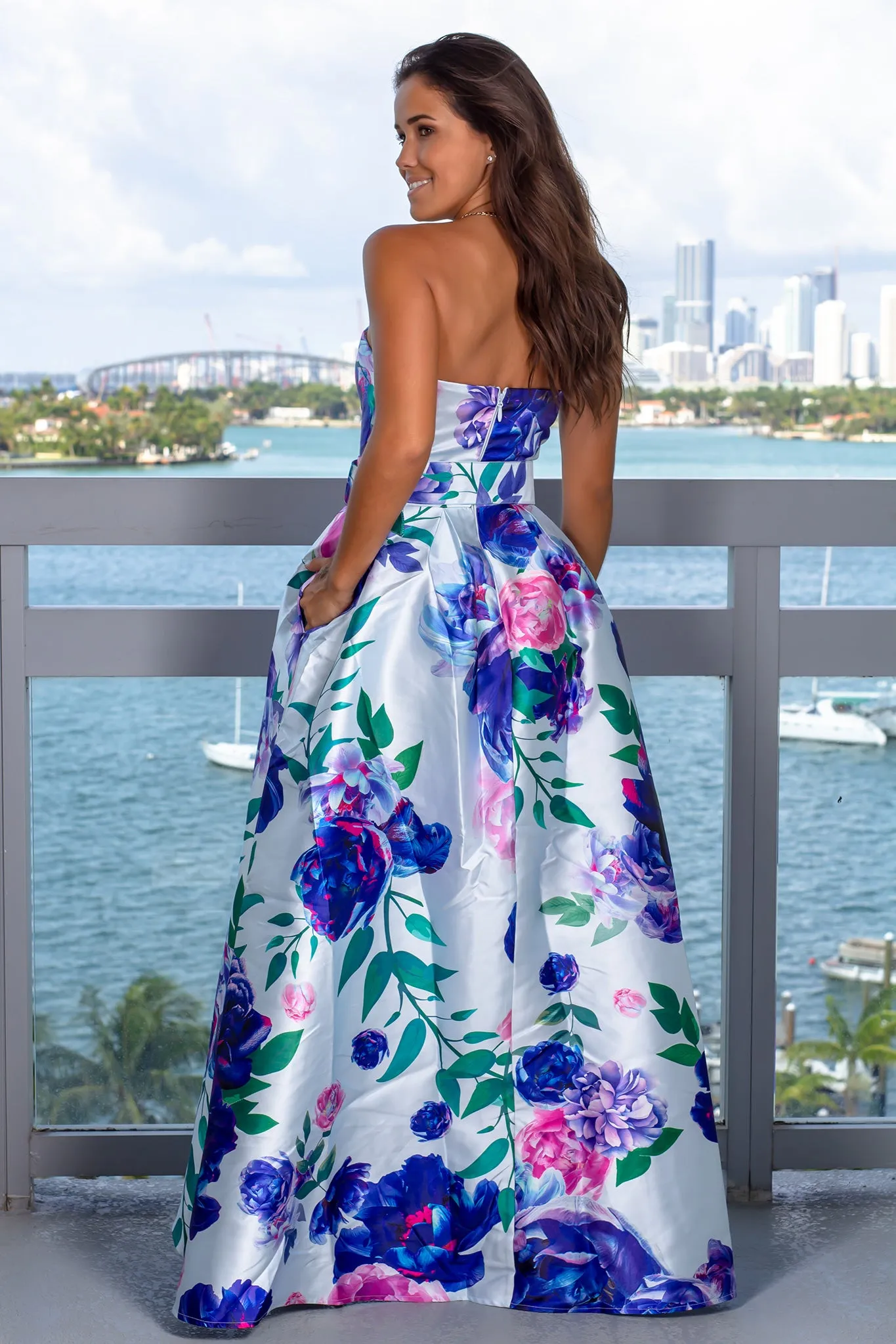 Blue Floral Strapless Maxi Dress with Belt