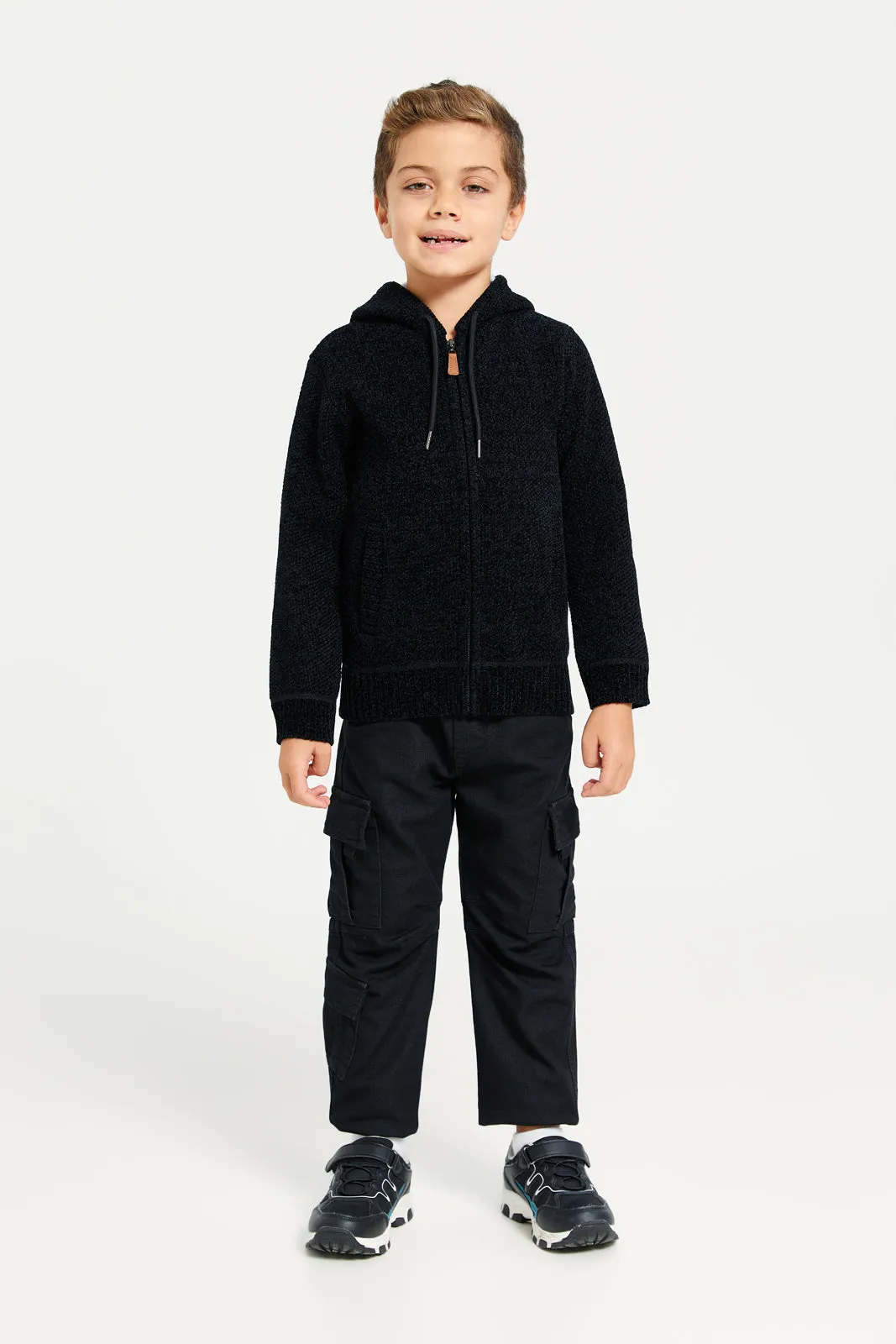 Boys Black Zip Thru Hooded Chenille Cardigan