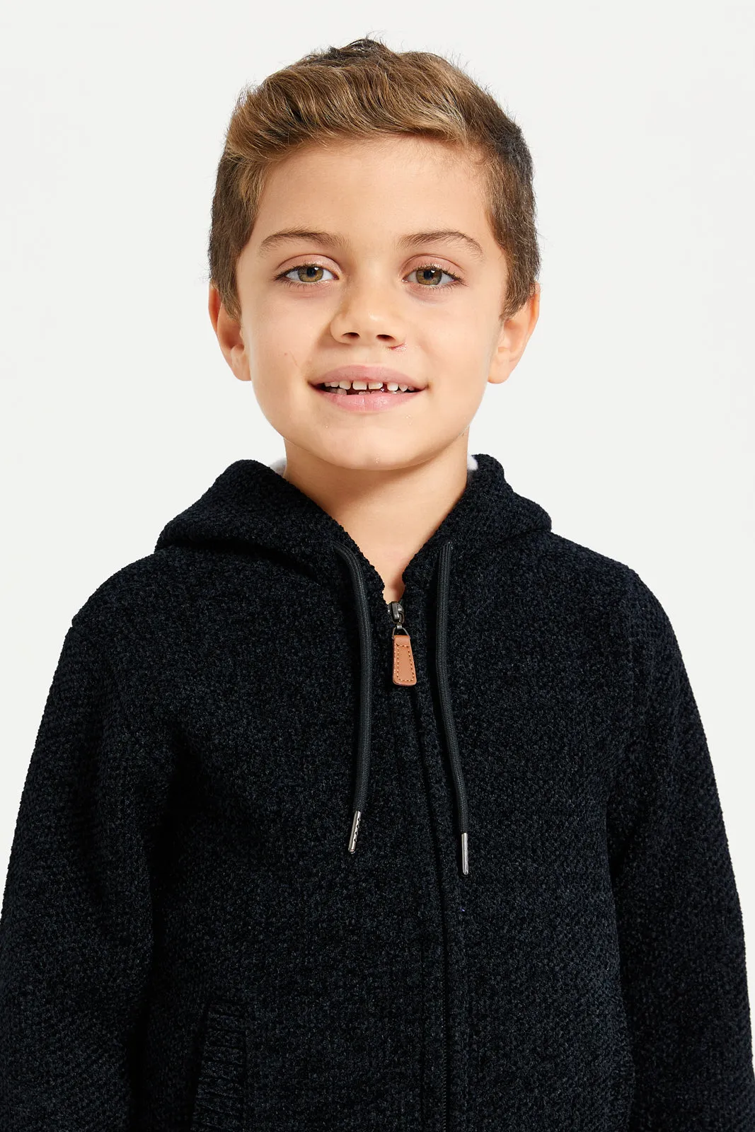 Boys Black Zip Thru Hooded Chenille Cardigan