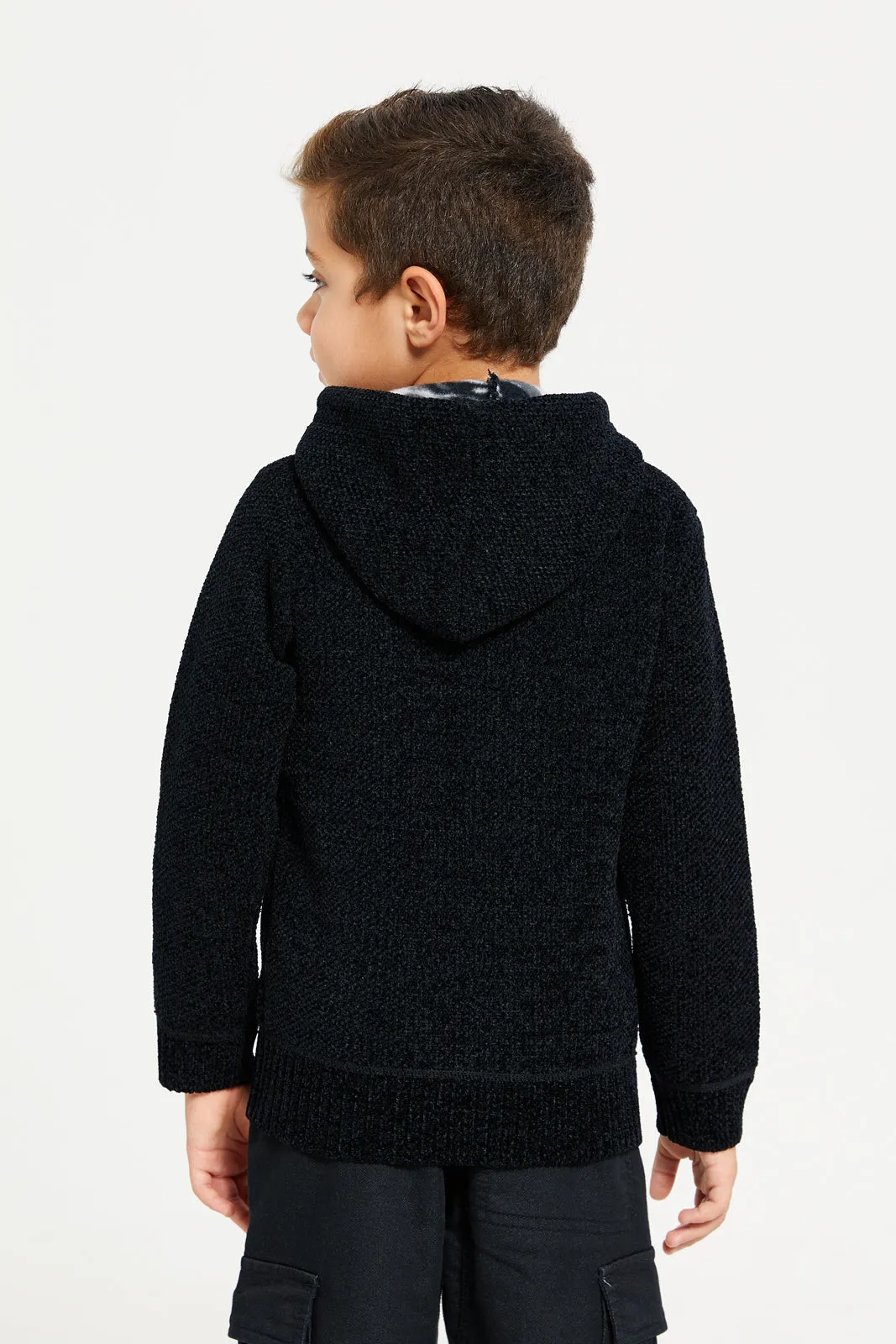 Boys Black Zip Thru Hooded Chenille Cardigan