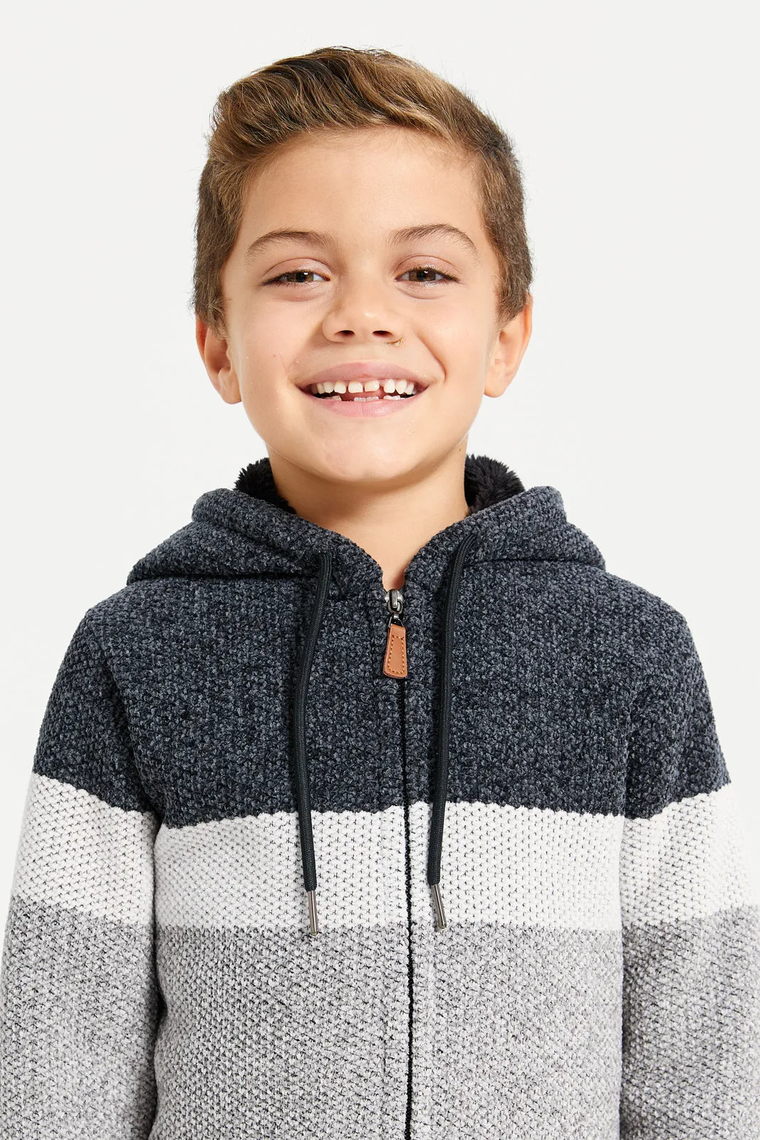 Boys Charcoal Zip Thru Hooded Chenille Cardigan