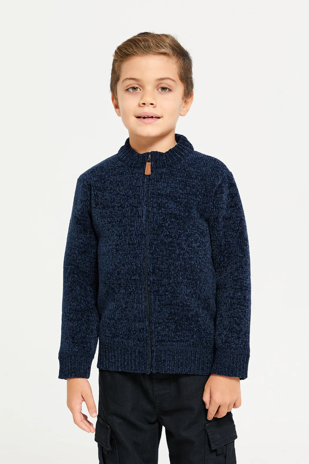 Boys Navy  Zip Thru Chenille Cardigan