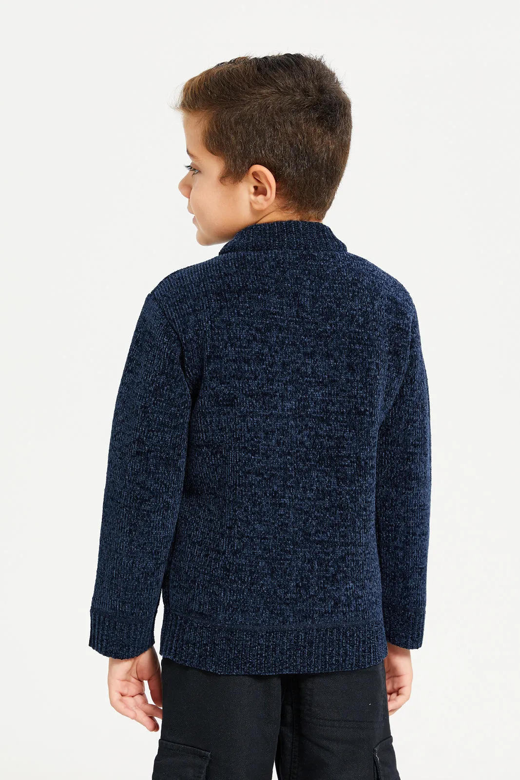 Boys Navy  Zip Thru Chenille Cardigan