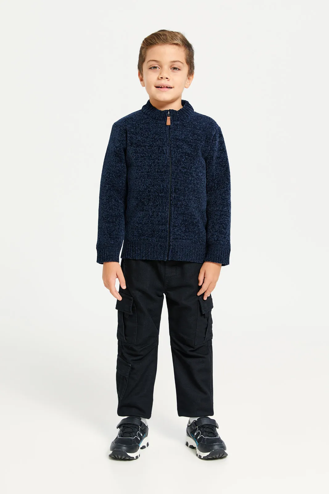 Boys Navy  Zip Thru Chenille Cardigan