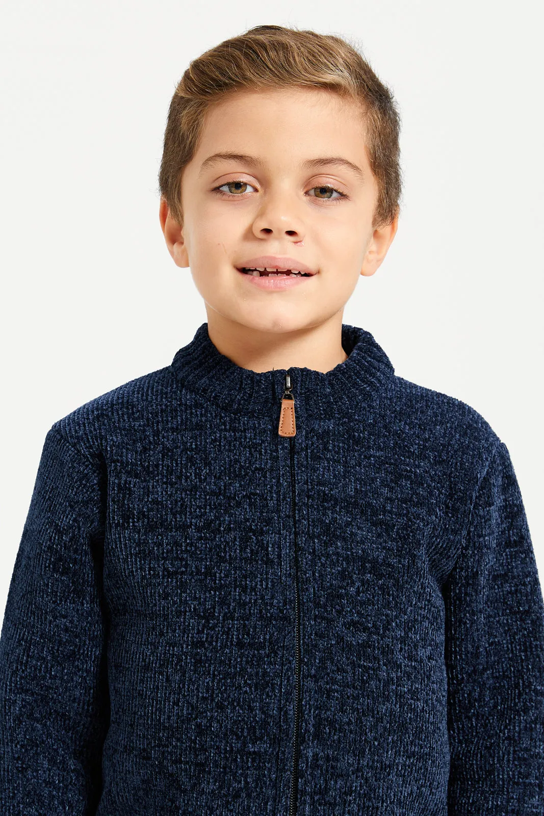 Boys Navy  Zip Thru Chenille Cardigan