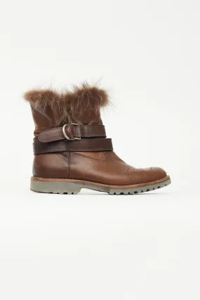 Brown Leather Fur Trim Ankle Boot