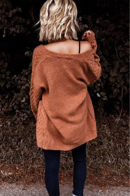 Brown Pocket Open Front Knitted Cardigan