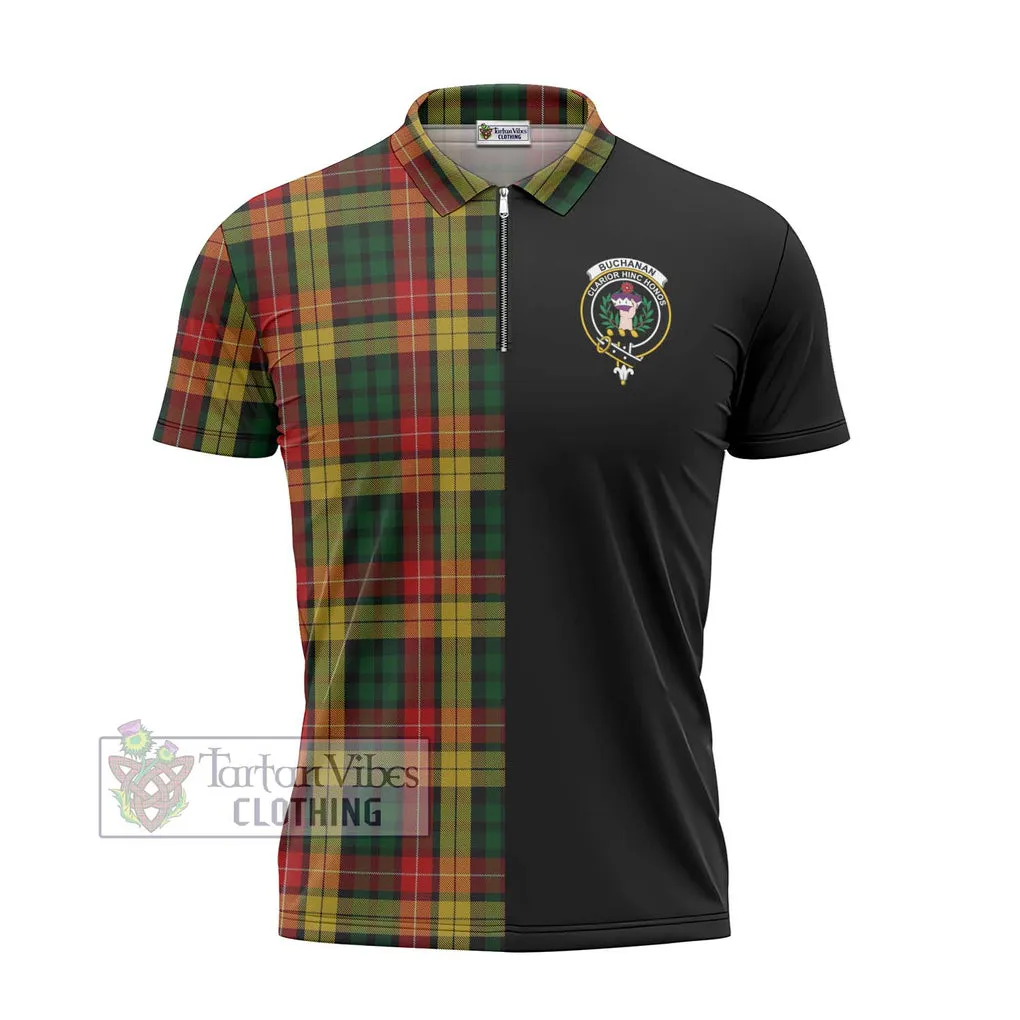 Buchanan Tartan Zipper Polo Shirt with Family Crest and Half Of Me Style