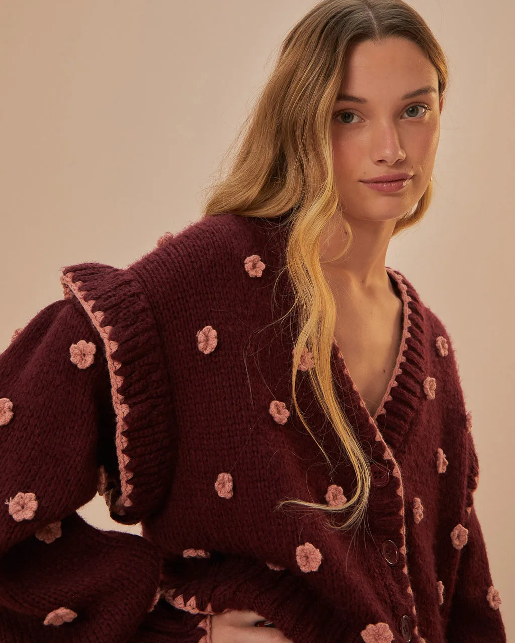 Burgundy Crochet Flowers Knit Cardigan