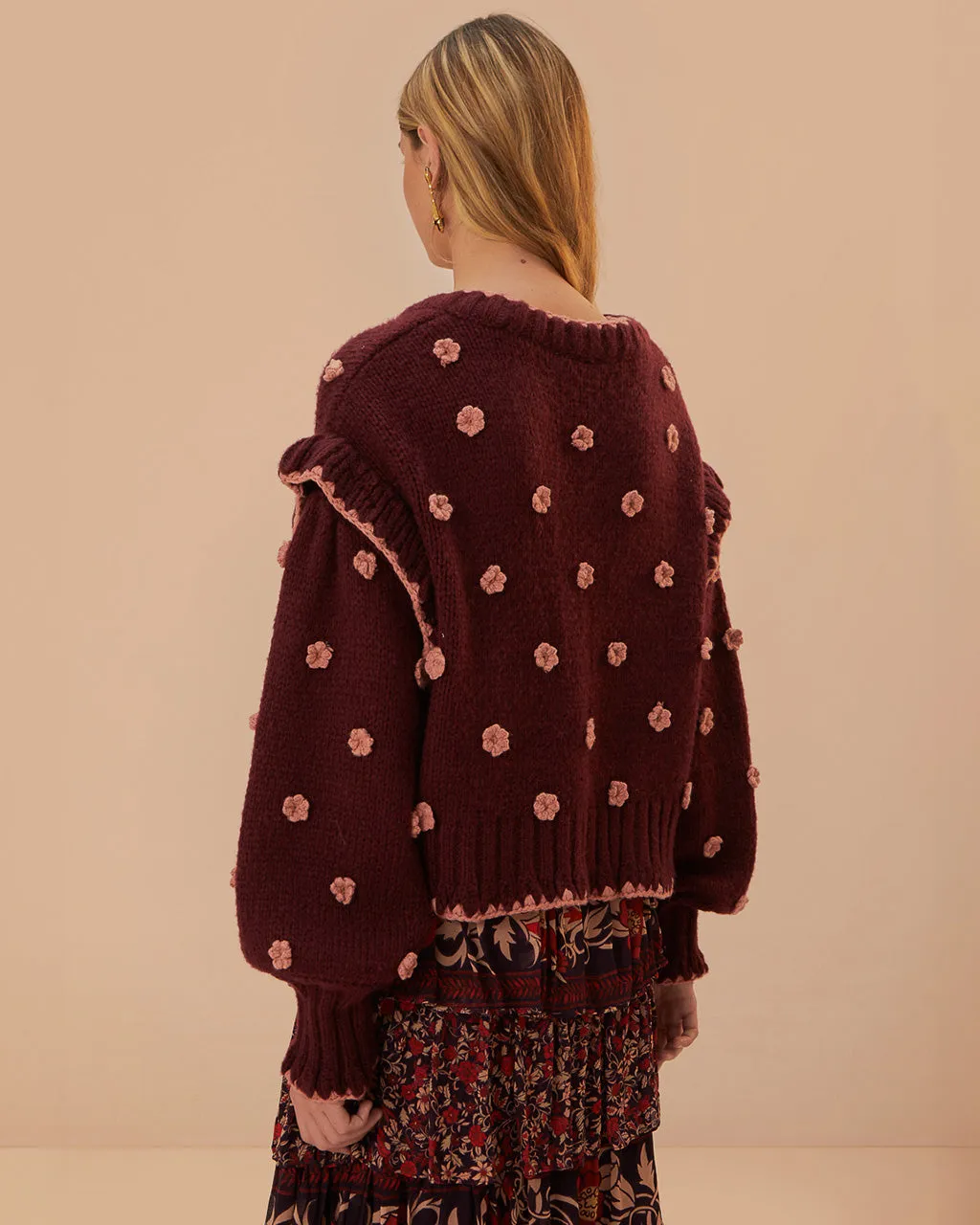 Burgundy Crochet Flowers Knit Cardigan