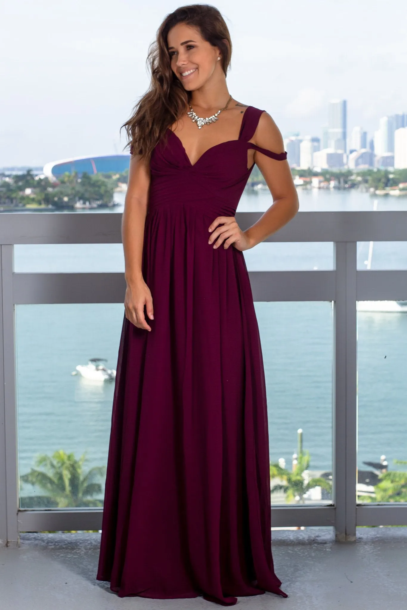 Burgundy Off Shoulder Maxi Dress with Pleats