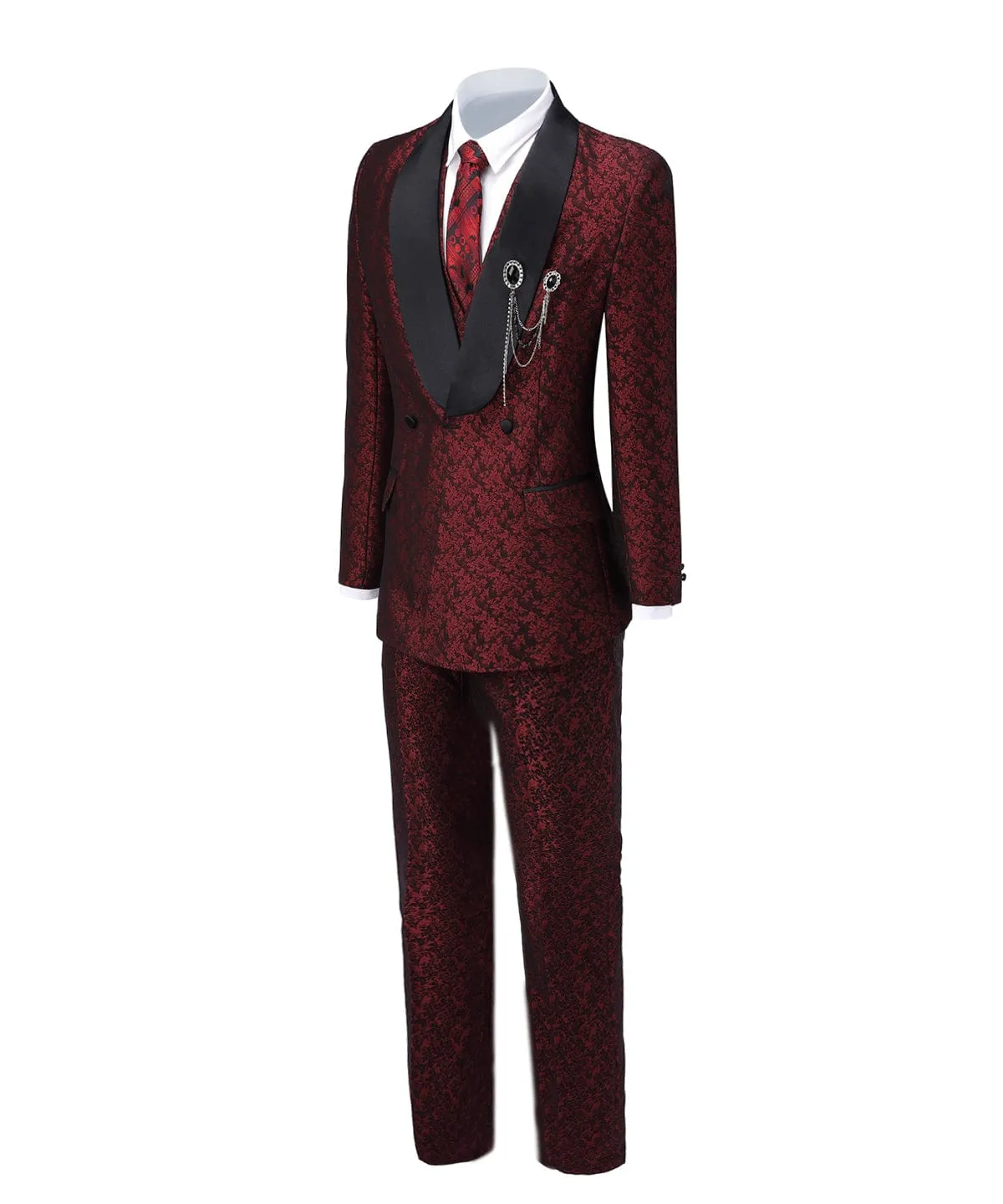 Burgundy Patterned Shawl Lapel 3 Pieces Mens Suit Tuxedos (Blazer vest Pants)