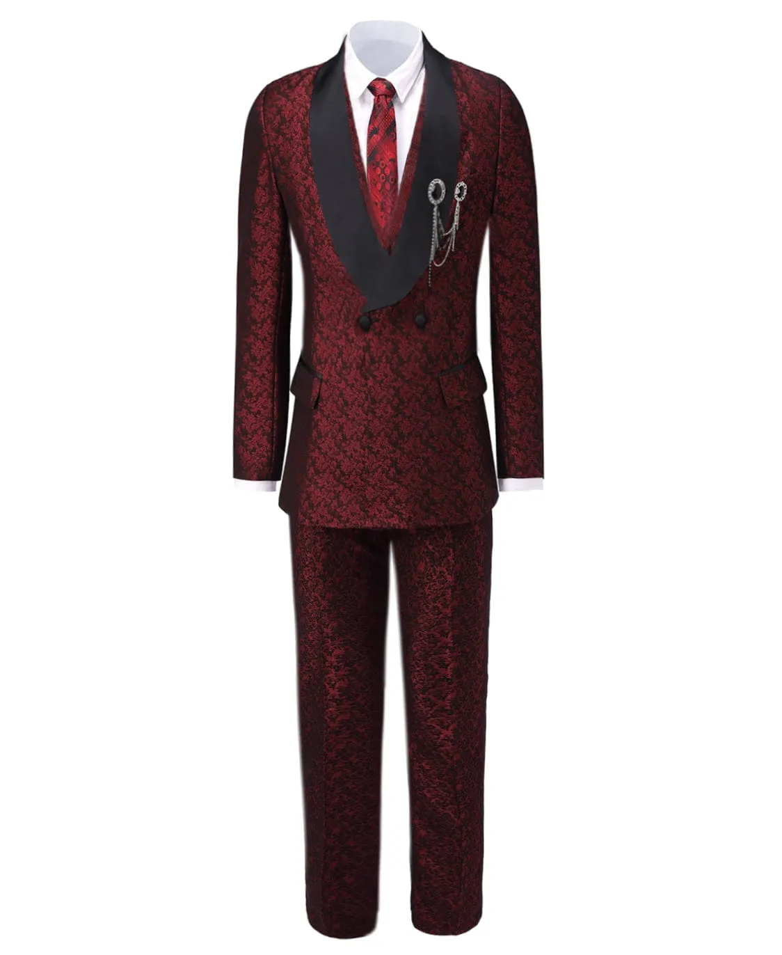 Burgundy Patterned Shawl Lapel 3 Pieces Mens Suit Tuxedos (Blazer vest Pants)