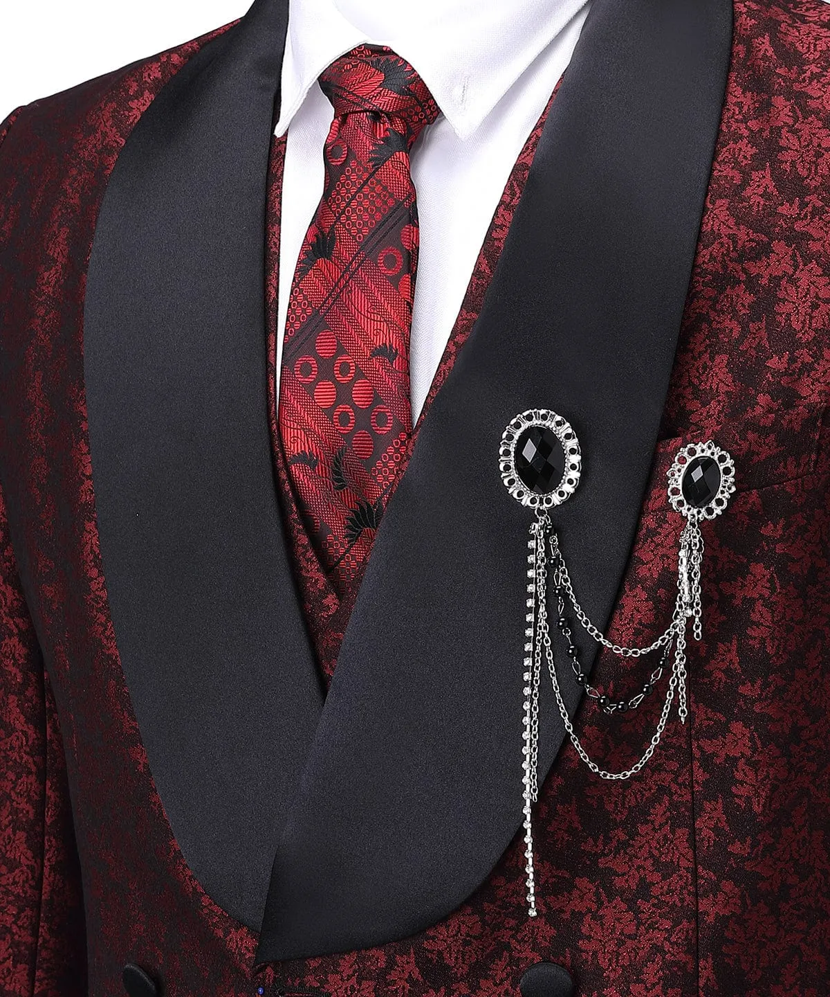 Burgundy Patterned Shawl Lapel 3 Pieces Mens Suit Tuxedos (Blazer vest Pants)