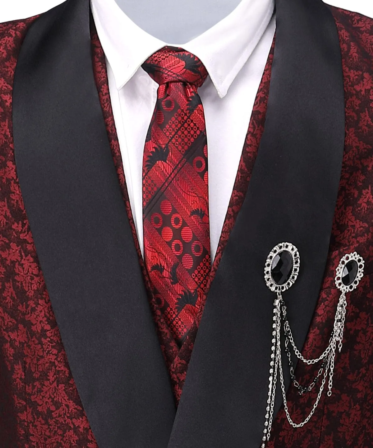 Burgundy Patterned Shawl Lapel 3 Pieces Mens Suit Tuxedos (Blazer vest Pants)