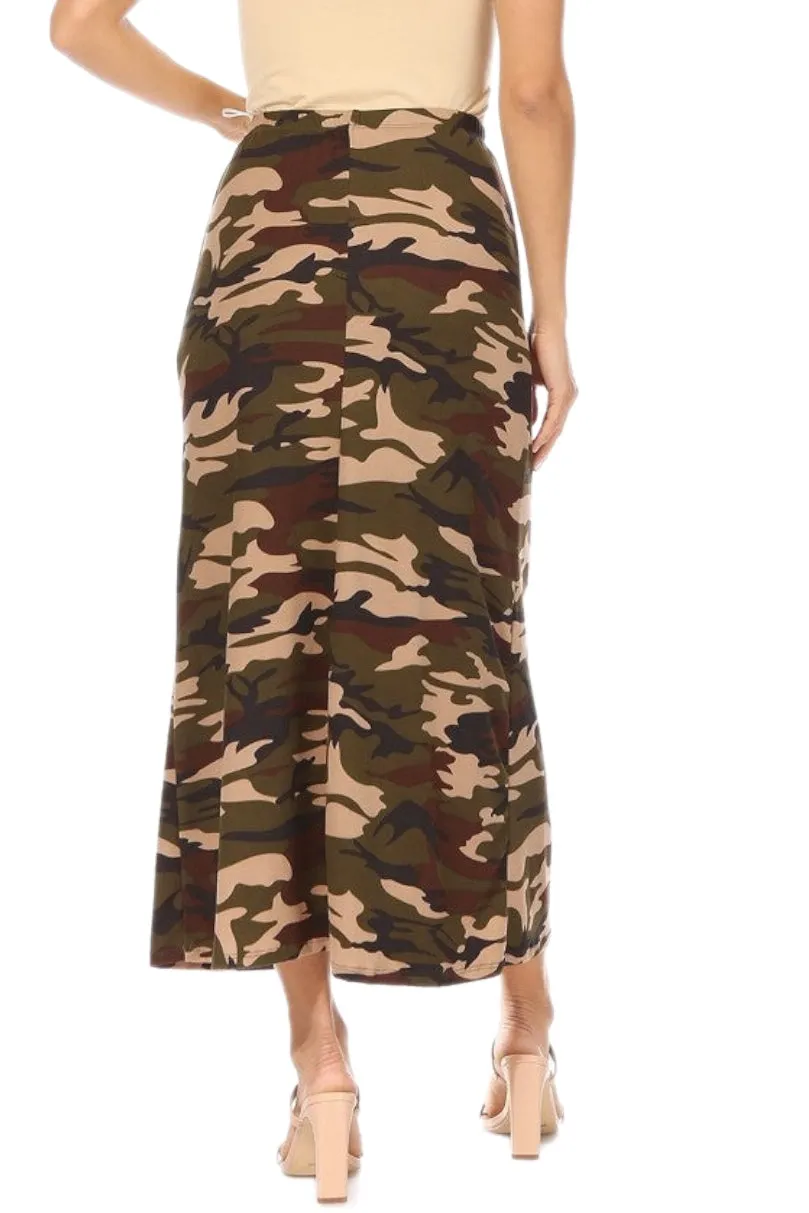 Camouflage Print Pull On Maxi Skirt in Green Style 833