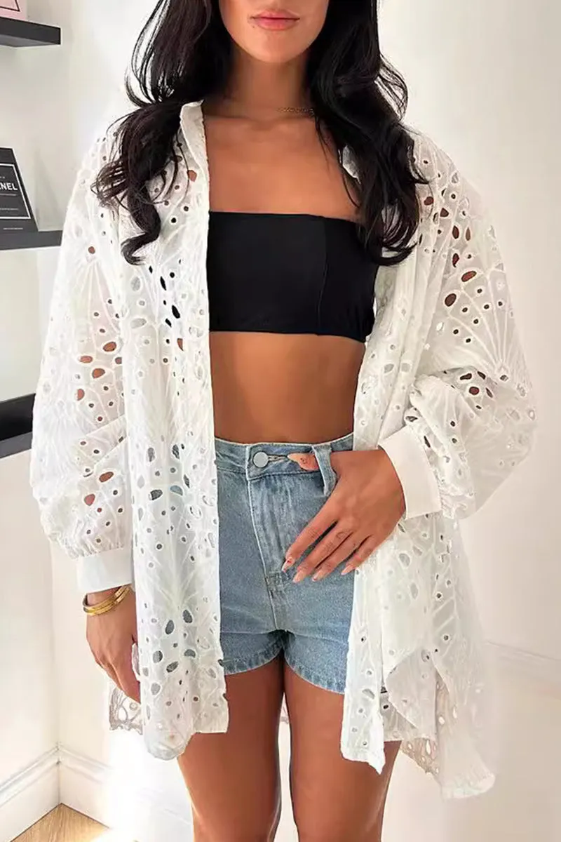 Casual Solid Hollowed Out Turndown Collar Blouses