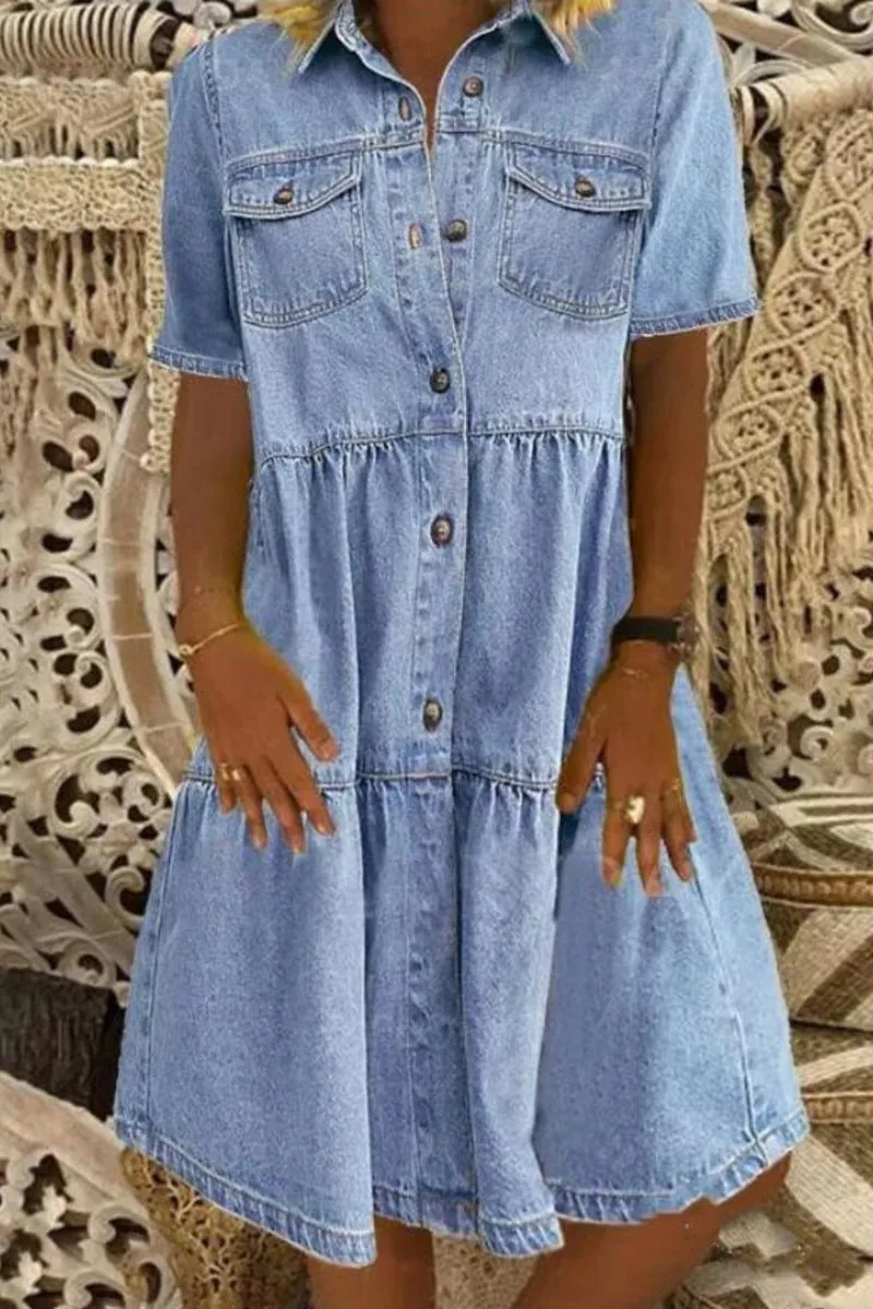 Casual Solid Patchwork Turndown Collar Short Sleeve Loose Denim Dresses